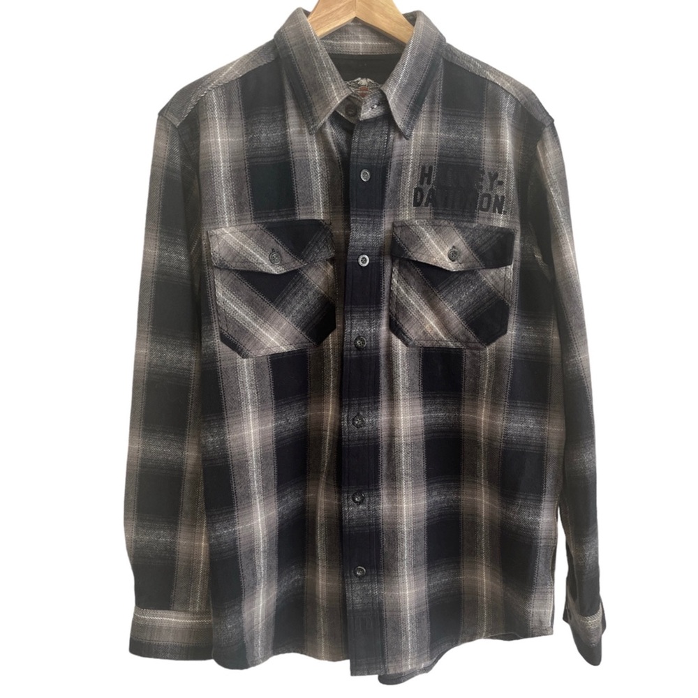 Harley Davidson Black & Gray Plaid Flannel Button Down Shirt